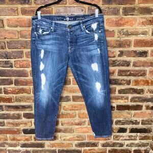 7 For All Mankind Dark Blue Distressed Denim Josefina Skinny Boyfriend Jeans 32